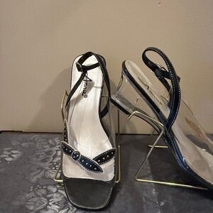 Anne Klein slingback black wedge heels w/ clear heel & studded detail - size 7.5